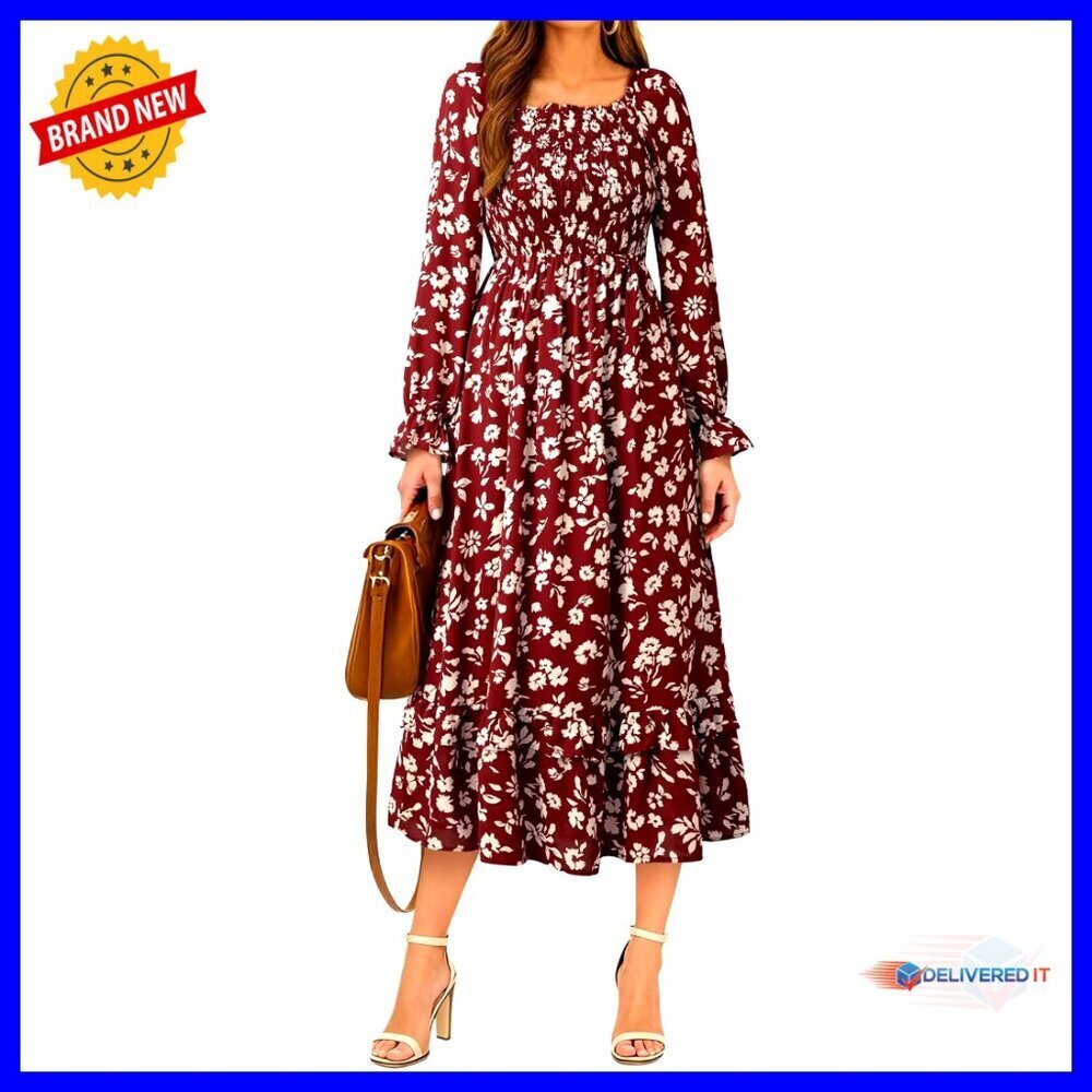 Boho Floral Maxi Dress Smocked Waist Tiered Ruffle Hem Long Sleeve Square Neck